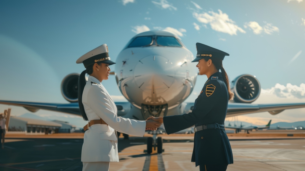 Two women pilots in uniform shaking hands on the tarmac beside a private jet